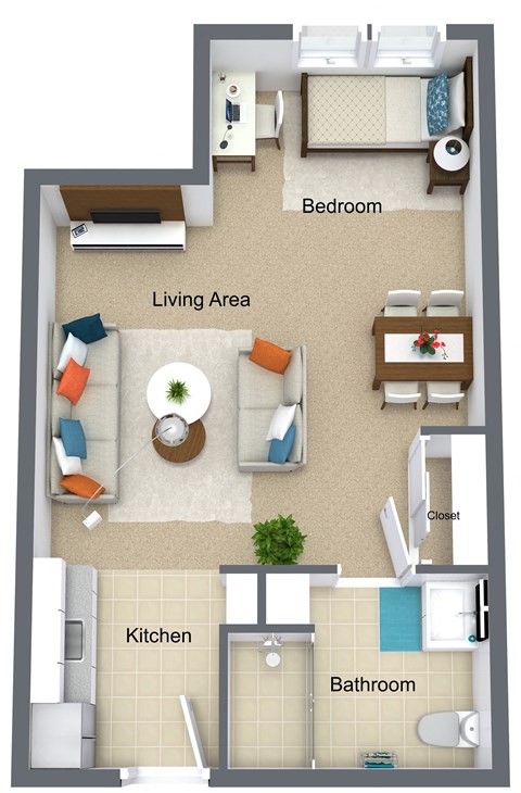 Floor plan for 1 bed, 1 bath, 470 sqft